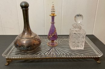 Trio Perfume Bottles & Glass Footed Vanity Tray