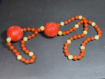 Very Fine Hard Stone Jade Cinnabar Beaded Necklace 26