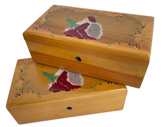 Pair Of Vintage LANE Santa Cedar Trinket Boxes
