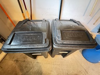 2  Plastic Garbage Cans - Toters W/ Wheels