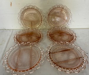 Six Anchor Hocking, Old Colony Open Lace Pink Depression Glass Plates With Divided Surface