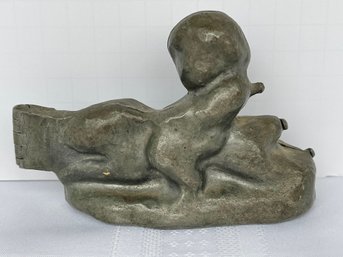 Antique Child Riding Bunny Rabbit Heavy Pewter E & Co. NY 1058-PLEASE SEE ALL PICS FOR DETAILS
