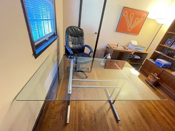 Vintage Chrome And Glass Table Desk And Black Leatherette Work Chair