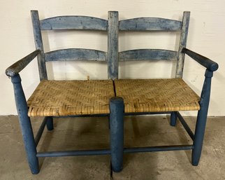Antique Splint Seat Bench In Powder Blue Paint