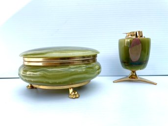 Vintage 60s Mid Century Ronson Marble Valiant Brass Table Lighter- WORKING - Matching Trinket Box