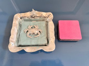 Seaside Themed Cocktail Napkin Holder With 6 Seagreen Linen Cocktail Napkins, Pink Coasters