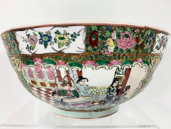 Large & Deep Chinese Rose Medallion Footed  Punch Bowl With Enameling & Gold Embellishments