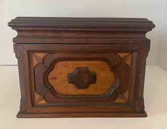 Large Carved Hand Made Antique Wooden Box With Metal Hinges And Added Fabric Interior