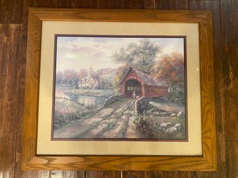 Captivating Red Bridge And River Scene Signed By Carl Valente