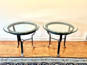 Pair Of Side Table With Metal Legs And Beveled Galss Tops