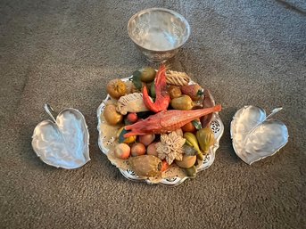 Silver Plate Dishes, With Resin Fruit And Crustaceans