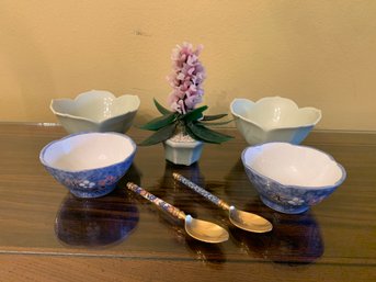 Seven Celadon Small Bowls, Two Blue Bowls And 2 Spoons