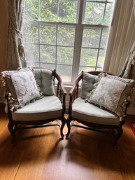 Pair Of Matching Early Chairs With Lovely Cushions And Pillows, Sage Green And Bone With Glt Threading