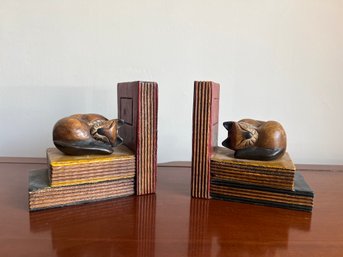 Pair Of Bookends With Sleeping Cats