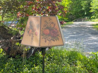 Antique Cast Metal Floor Lamp With Floral Shade