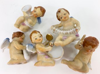 Set Of 5 Vintage Porcelain Angel Band Figurines - Made In Japan