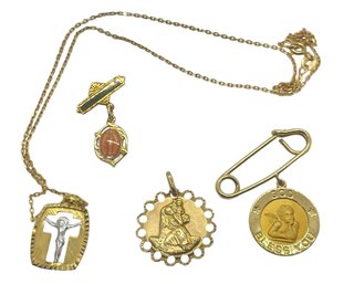 12K-18K Gold Religious Medallions, Pendants And Necklace -  4 Pieces