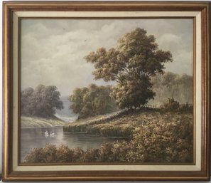 Signed P. Wilson Oil On Canvas, Depicting Landscape, Swans In River