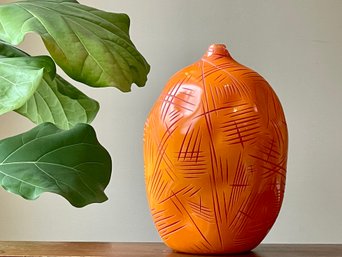 Modern Handblown & Carved Orange Vase With Glossy Finish Handcrafted By A Local Guilford Artist