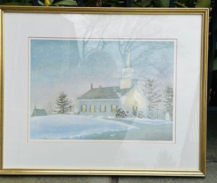 Signed And Numbered Suzanne Bonin 69/165 Winter Church Scene Framed Print 20 In. X 16 In.