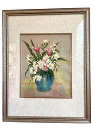 Vintage Still Life Watercolor Gouache Painting Of Flowers In A Vase, Signed Illegibly, Framed (B-18)