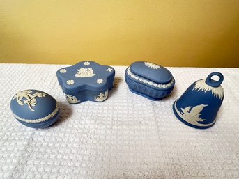 Small And Mighty, Wedgwood, 3 Covered Dishes, With Bell, Blue And White Jasperware