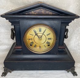 Antique Pat. 1885 Ingraham Wood Mantle Clock, Claw Foot, 8 Day, 1/2 Hour Strike, Cathedral Gong, Bristol, CT