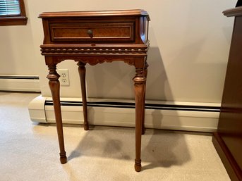 Attractive Side Table With Turned Legs, Canted Corners, Carved Scroll Apron & Dental Moulding