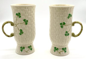 Pair Of Belleek China Shamrock Mugs