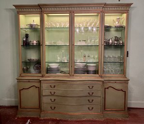 Vintage China Cabinet In Sage Green And Gold Gilded Trim, Lit Interior