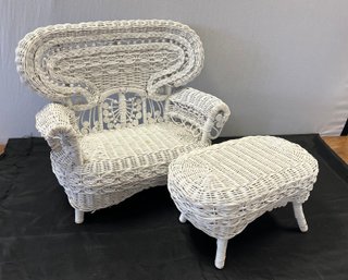 AN ANTIQUE VICTORIAN  WHITE WICKER DOLL CHAIR & COFFEE TABLE