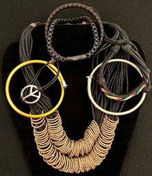 Vintage Jewelry Lot 15 - Black Gold Chunky Metal Leather Cord - Necklace Bracelet - Murtoo - Knitting Needle