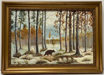 Vintage Oil On Canvas Painting - Bear In Woods Or Does A Bear Blank In The Woods - Artist Signed