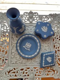 Wedgewood Lot, Jasper Blue, Classic Bone Colored Details, 2 Covered Trinket Boxes, 1 Candy Dish 1 Vase