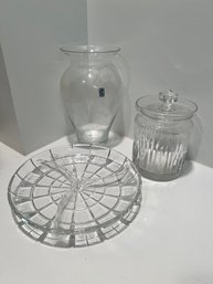 Divided Serving Plate, Biscuit Jar, Vase, Crystal Clear!