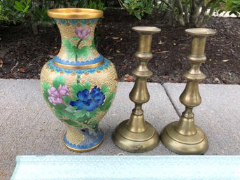 Vintage Jingfa Cloisonne Vase With Floral Pattern, Brass Candlesticks And Chinese Opera Print