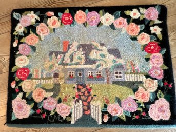 Country Cottage Surrounded By Rose Wreath, Hooked Rug