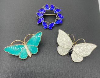 Lot Of 3 Signed Enameled & Sterling Silver Butterflies Pins Denmark