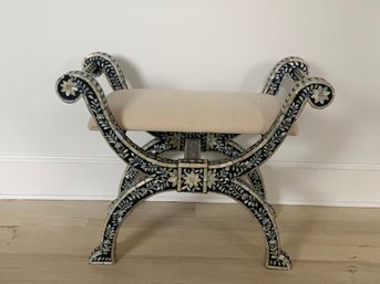 Inlaid & Black Lacquered Upholstered Curved Bench
