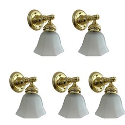 A Set Of 5 Polished Brass Victorian Style Sconces With Frosted Shades  - Pbath