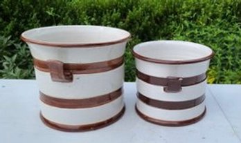 Pair Of Striped White And Brown Glazed Ceramic Planters