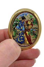 Vintage Gold Tone Brooch With Enamel On Copper Plaque
