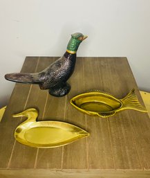 Vintage Avon Pheasant, Brass Duck Dish And Fish