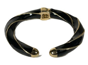 Black Enamel Gold Tone Hinged Cuff Bracelet 1980s