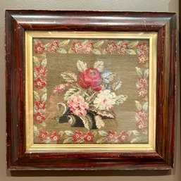 An Antique Floral Needlework In A Wood Frame