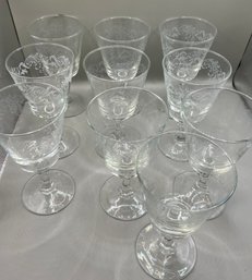 Set Of 10 Etched Stemware Wine Glasses