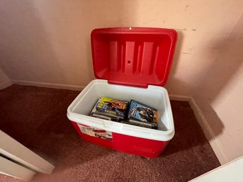 Rubbermaid GOTT Cooler Full Of DVD Movies ,Compact Disc Music , Playstation 2  Games, Vhs Tapes