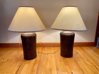 Pair Of Contemporary Styled Table Lamps In Hammered Copper Finish