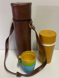 Thermos In Leather Case With Plastic Thermos And Three Cups