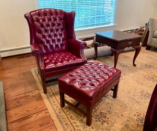 Ethan Allen Burgundy Leather Tufted Wingback Chair & Ottoman